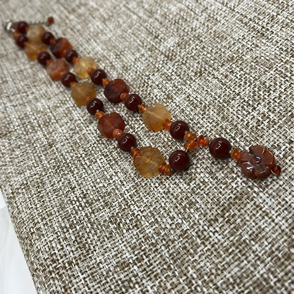 Vintage Amber & Red Jasper Flower Bead Necklace - 925 Silver, Adjustable 16-20" - Picture 10 of 11